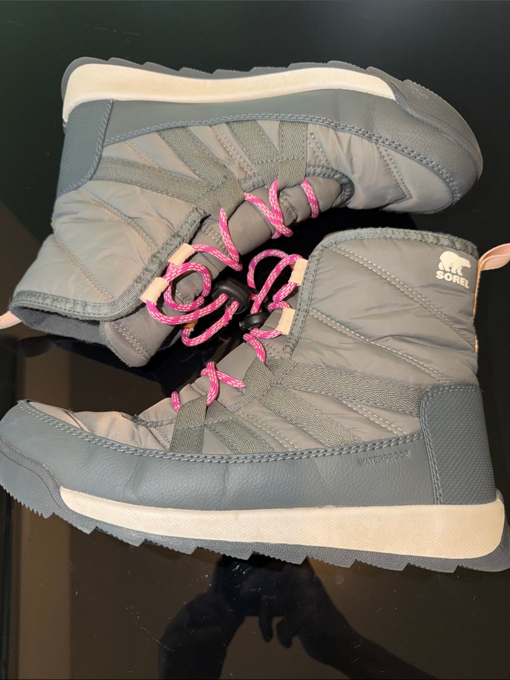 Sorel Kids Gray Snow Boots with Pink Laces